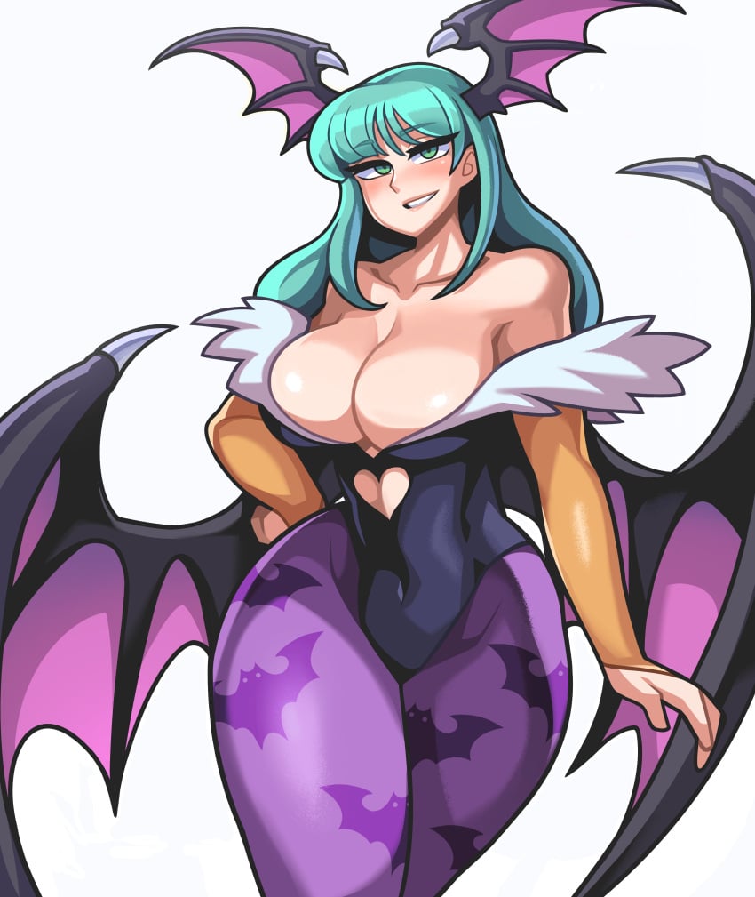 animal_print bat_print bat_wings bats black_leotard black_wings breasts capcom checkered cleavage clothing clothing_cutout darkstalkers demon_girl demon_wings detached_sleeves eyebrows eyebrows_behind_hair female female_only female_solo fully_clothed fur_trim green_eyes green_hair hand_on_hip head_wings heart heart_cutout high_resolution large_breasts leotard long_hair looking_at_viewer medium_breasts milf morrigan_aensland orange_sleeves pantyhose print_legwear purple_legwear revealing_clothes sagas sagas293 seductive_smile sleeves smile solo succubus thick thick_thighs thighs very_high_resolution white_background wide_hips wings