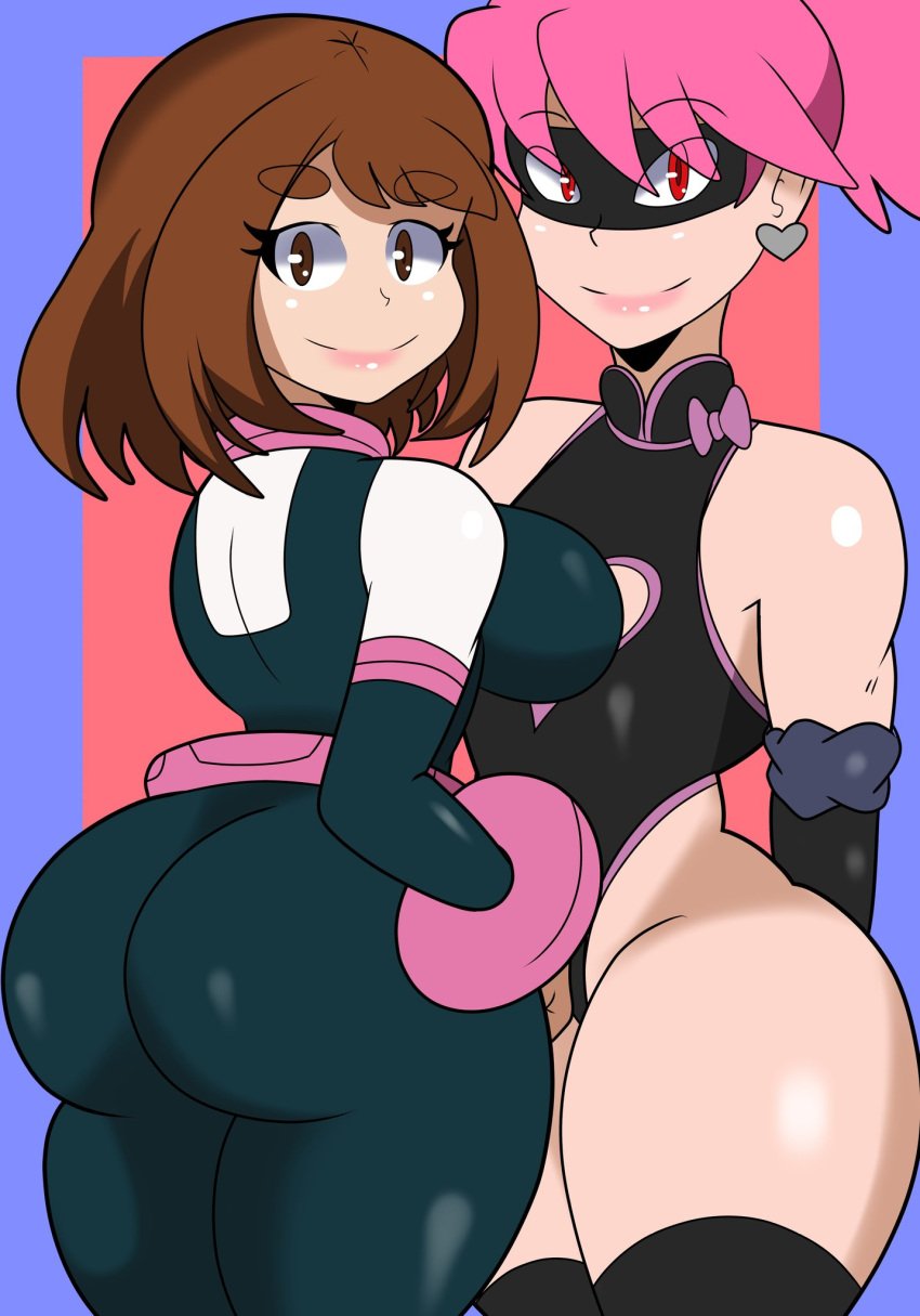 2girls ass big_ass big_breasts brown_eyes brown_hair curvy female haneyama_kazuho hero_outfit_(mha) lipstick looking_at_viewer my_hero_academia ochako_uraraka pink_hair pop_step red_eyes shingattai shounen_jump skimpy_clothes tagme thick_thighs vigilante:_my_hero_academia_illegals