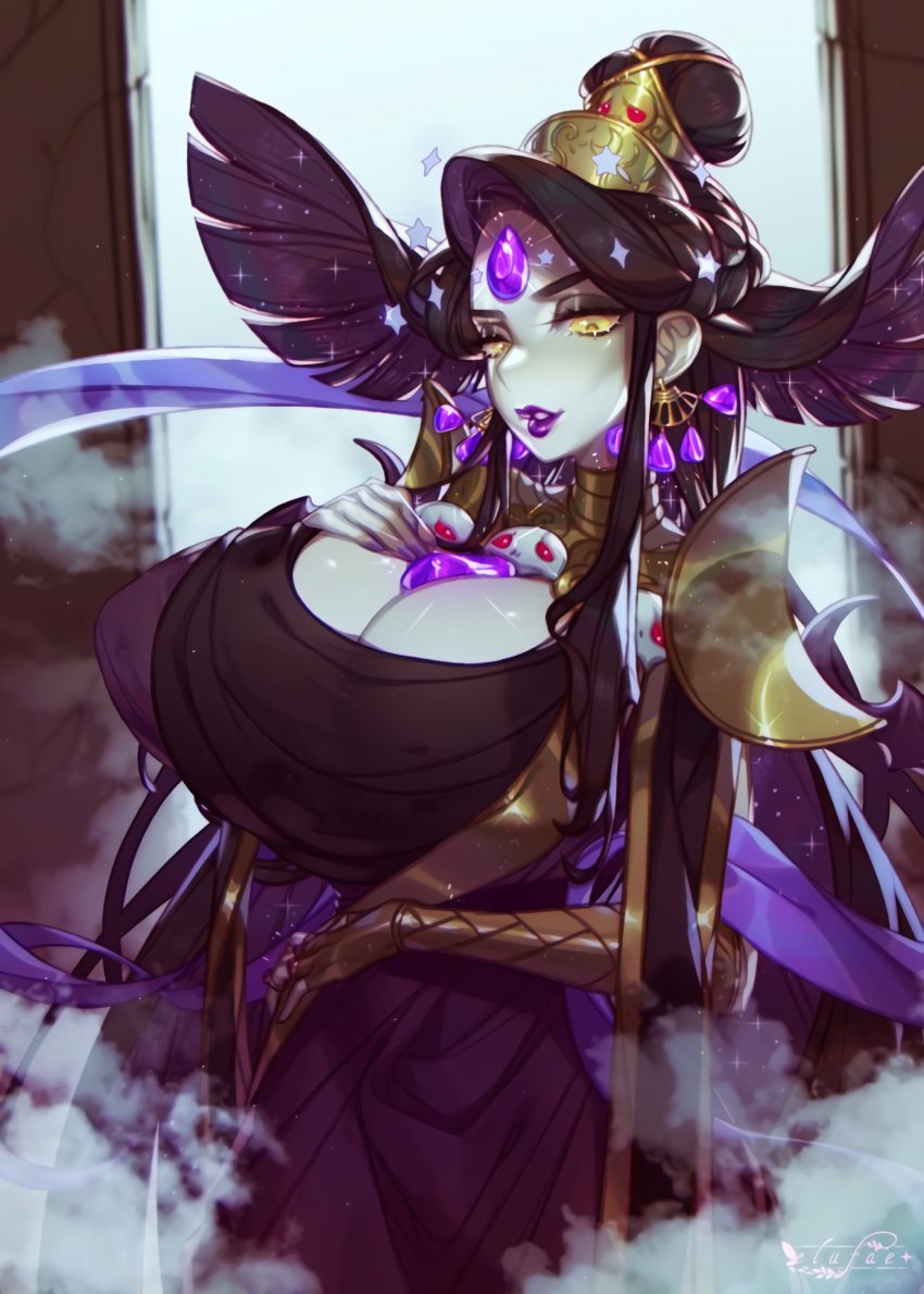 1girls black_hair cleavage dark_skin dress elufae female goddess hades_(game) huge_breasts jewelry lipstick milf nyx_(hades) object_between_breasts pale_skin purple_lipstick tagme wide_hips yellow_eyes