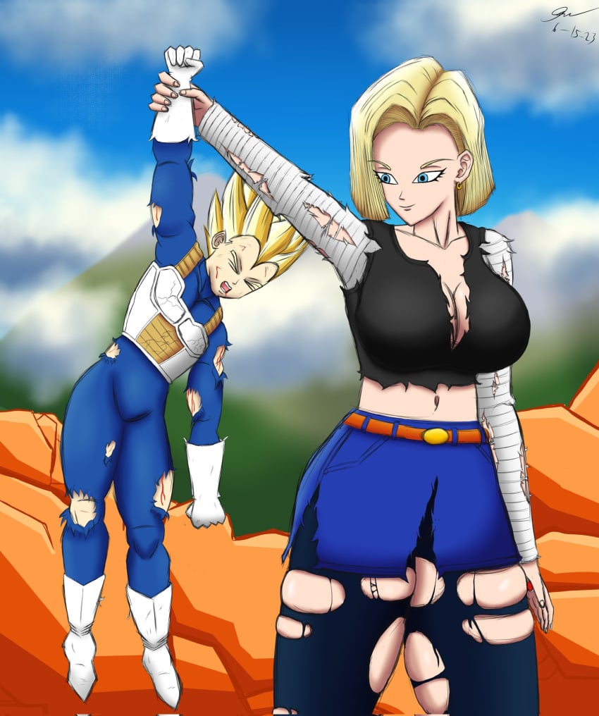 1boy 1girls android_18 battle_damage big_breasts blonde_female blonde_hair breasts clothed clothed_male dragon_ball dragon_ball_z female female_dominating_male female_domination giantess giantess_growth growing gtsmaycry7 height_difference larger_female looking_down looking_up male manga midriff mini_giantess size_difference smaller_male super_saiyan torn_clothes vegeta