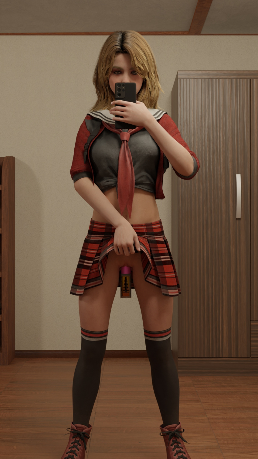 3d 3d_(artwork) becca_woolett bedroom blender blonde_hair clothing exposed female female_only flashing hidden_vibrator kneehighs phone resident_evil resident_evil_resistance selfie sex_toy skirt socks solo vibrator vibrator_under_clothes