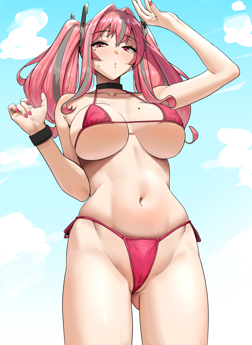 1girls azur_lane belly bikini breasts bremerton_(azur_lane) chela77 eagle_union_(azur_lane) female female_only large_breasts light-skinned_female light_skin long_hair looking_at_viewer mole_on_breast mole_under_eye navel pink_eyes pink_hair pink_nail_polish solo string_bikini swimsuit twintails two-tone_hair wristband