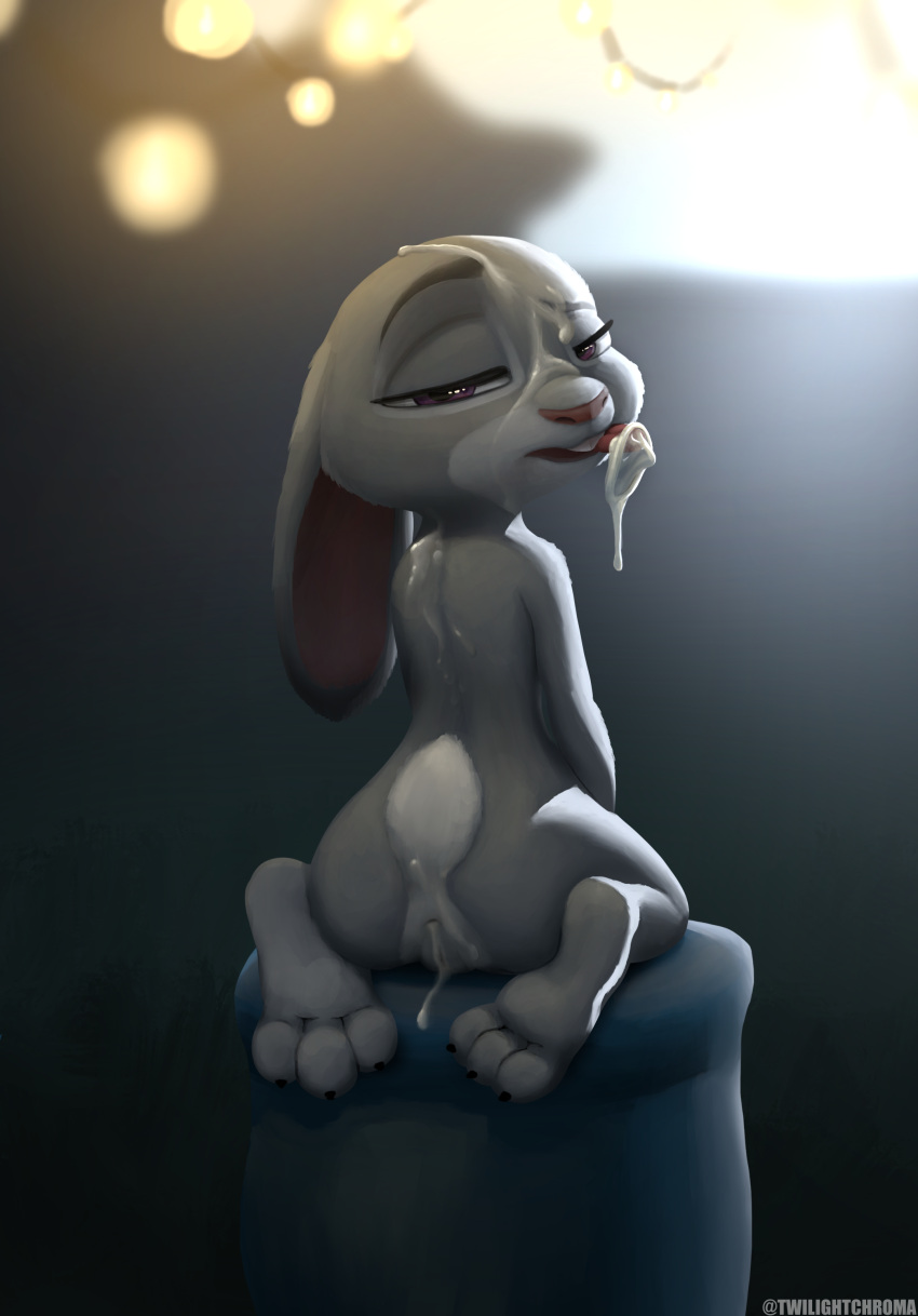 absurd_res anthro ass biped bodily_fluids condom condom_in_mouth cum cum_in_ass cum_in_pussy cum_inside cum_on_face digital_media_(artwork) disney excessive_cum female fur genital_fluids genitals grey_body grey_fur hi_res judy_hopps lagomorph leporid looking_at_viewer looking_back mammal nude pose purple_eyes pussy rabbit sexual_barrier_device simple_background sitting solo tongue tongue_out twilightchroma zootopia