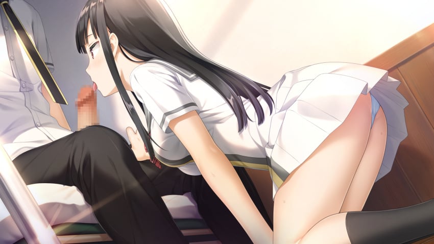 1boy arm_up bangs black_hair black_legwear black_neckwear black_pants blue_panties blunt_bangs bow bowtie breasts censored collared_shirt dress_shirt fellatio female game_cg grey_sailor_collar highres indoors kamisama_no_you_na_kimi_e kantoku kneehighs kneeling kokuhou_rein leaning_forward licking licking_penis long_hair medium_breasts miniskirt mosaic_censoring necktie official_art oral panties pants pantyshot penis plaid plaid_bow plaid_neckwear pleated_skirt red_bow red_eyes red_neckwear sailor_collar sailor_shirt shiny shiny_hair shirt short_sleeves skirt straight straight_hair tongue tongue_out underwear very_long_hair white_shirt white_skirt