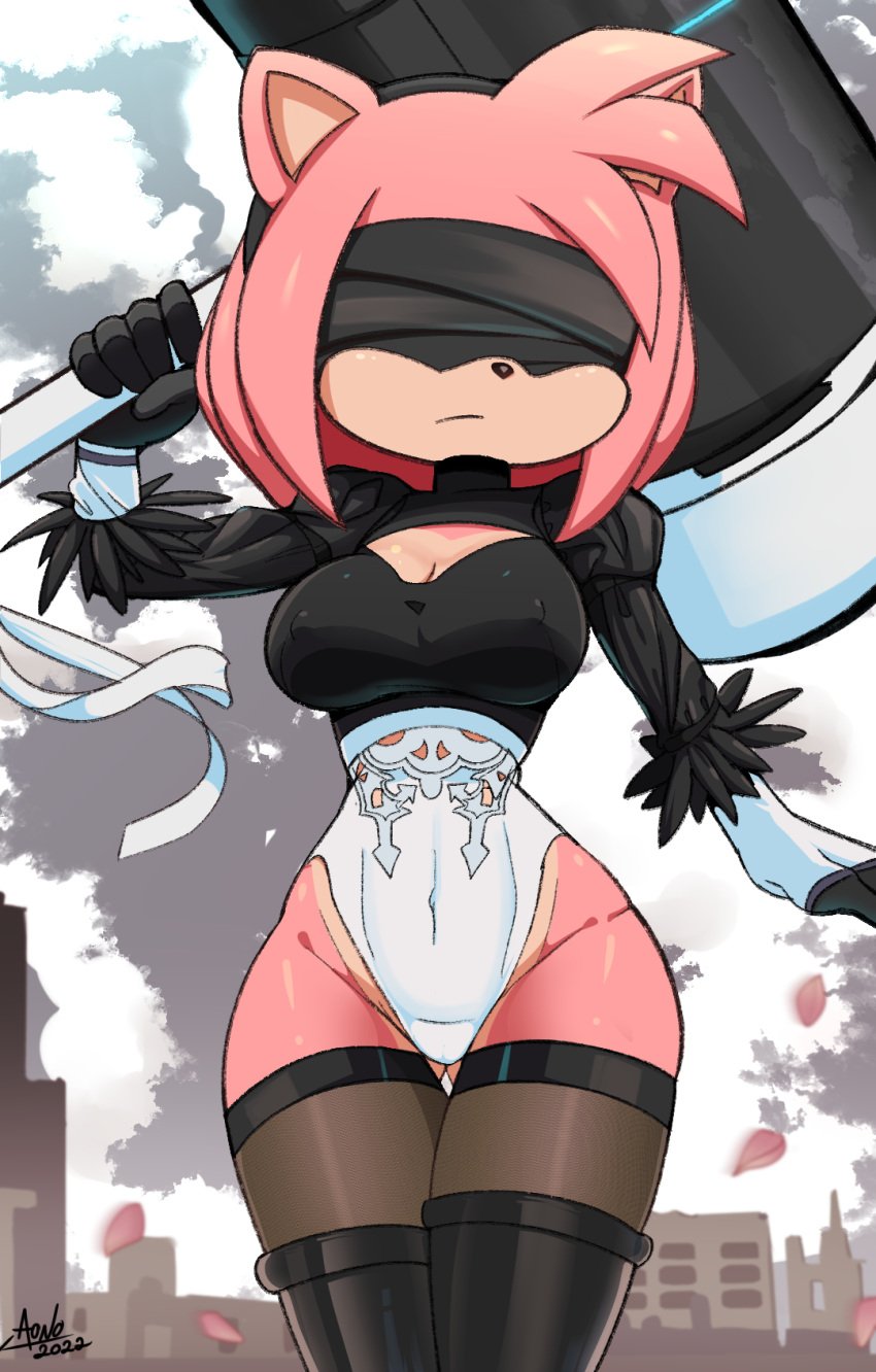 2022 amy_rose anthro aonoexorcist100 big_breasts blindfold cameltoe clothed crossover hourglass_figure nier nier:_automata nipple_bulge piko_piko_hammer solo sonic_(series) thick_thighs thighhighs wide_hips yorha_2b yorha_2b_(cosplay)