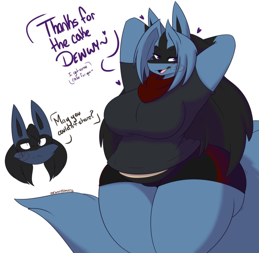 anthro ass ass_peeking_out_of_shorts breasts dewwy(dewwydartz) dewwydartz female female_focus furry game_freak lucario may_(dewwydartz) nintendo original original_character pokemon pokemon_(species) shorts tail text thick_thighs thighs tummy