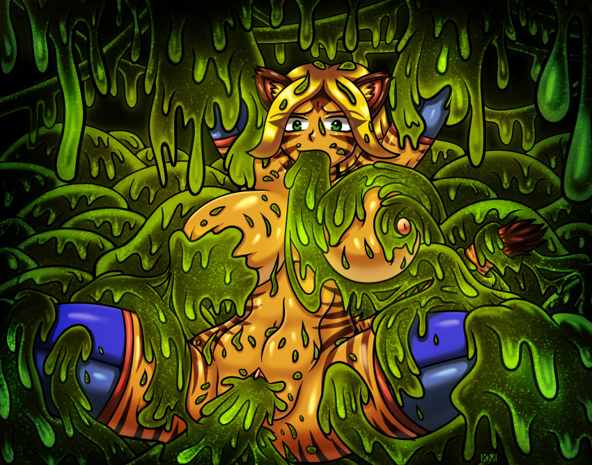 alien alien_girl blonde_hair bodysuit breast_grab breast_squeeze clixsposing_kitraandra female female_penetrated furry green_eyes kitraandra kmebus(artist) nipple nipples oral_invasion oral_penetration orange_fur restrained skintight_bodysuit slime slime_(substance) slime_monster stripes tentacle tentacle_rape thick_thighs unusual_ears vagina vaginal_penetration