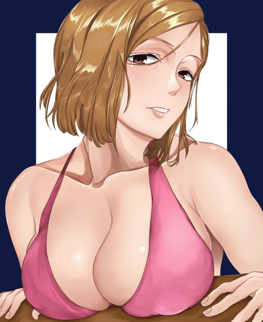 1girls 2021 bare_shoulders big_breasts bikini bikini_top blue_background bob_cut breasts brown_eyes brown_hair cleavage collarbone covered_nipples eyebrows eyelashes female female_focus female_only jujutsu_kaisen kazukine kugisaki_nobara looking_at_viewer pink_bikini pink_bikini_top short_hair simple_background smile solo solo_female solo_focus teeth two_tone_background upper_body white_background