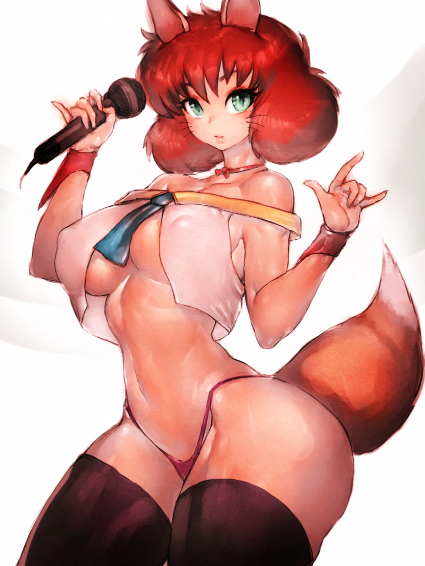 1girls animal_ears announcer big_breasts black_thighhighs breasts brown_hair cleavage covered_nipples curvy female female_only fluffy_tail fox_girl fox_tail fumio_(rsqkr) green_eyes highleg_panties humanoid koto large_breasts light-skinned_female light_skin looking_at_viewer microphone midriff narrow_waist panties short_hair shounen_jump simple_background skindentation solo tail thick_thighs thighhighs underwear voluptuous whiskers wide_hips yu_yu_hakusho