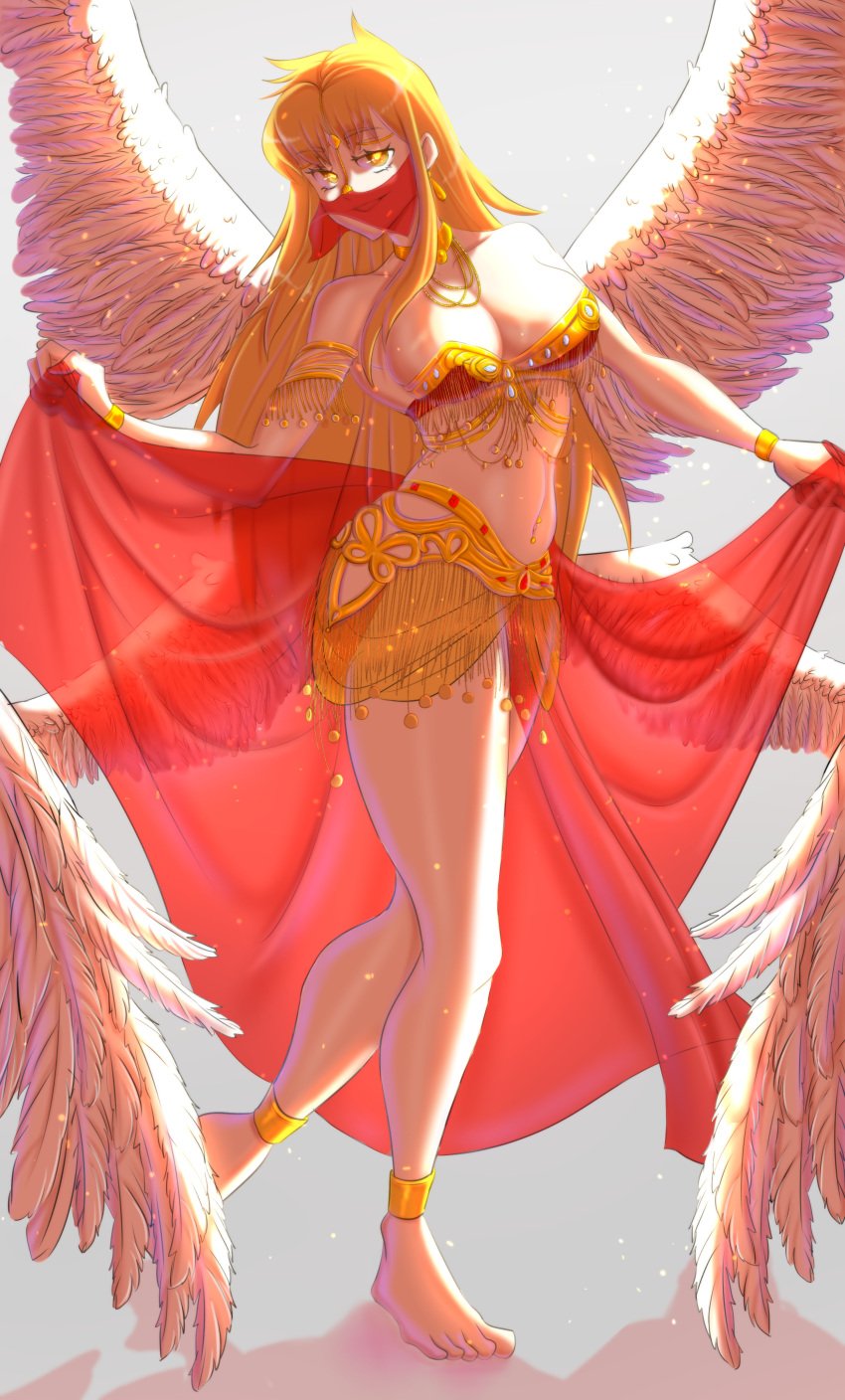 angel angel_wings blonde_hair body_chain cleavage glowing_eyes harem_outfit jewelry long_hair nanatsu_no_taizai navel_piercing possession sariel solaseed the_seven_deadly_sins tomatson