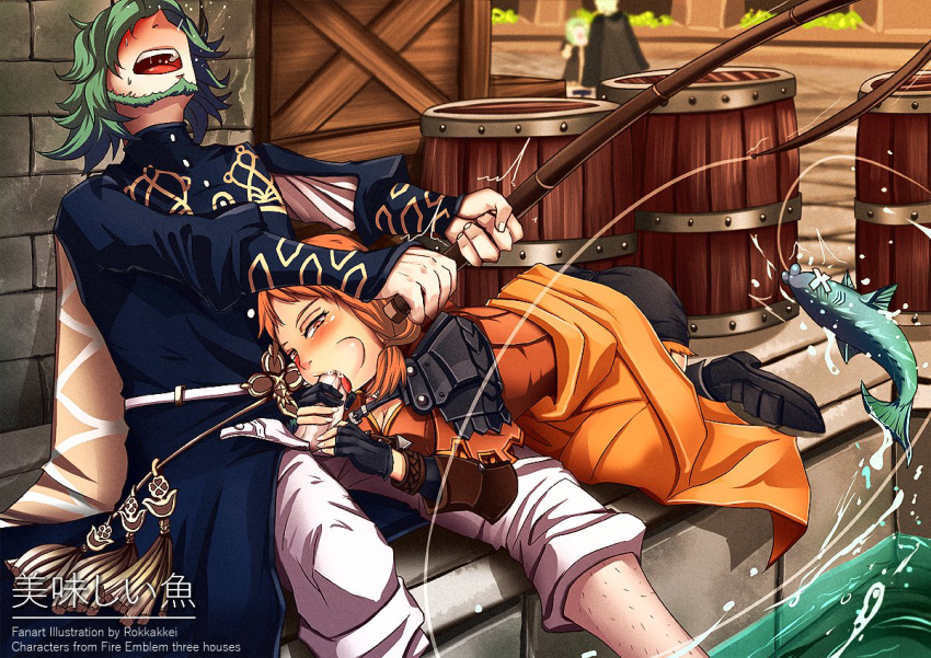 1boy 1girls armor background_character blush clothed fellatio fingerless_gloves fire_emblem fire_emblem:_three_houses fishing fishing_rod gloves green_hair hidden leonie_pinelli multiple_boys nintendo oral orange_hair outdoors outside penis public public_sex rokkakkei seteth_(fire_emblem) spit sweat