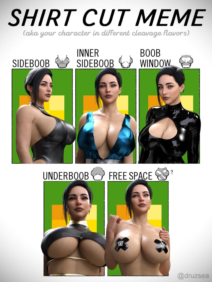 1girls 3d black_hair boob_window breasts cleavage cleavage_cutout clothed dress female female_only large_breasts latex lips lipstick looking_at_viewer meme multiple_outfits original original_character pasties rude_frog shirt_cut_(meme) shirt_cut_meme sideboob solo thick_lips tied_hair underboob