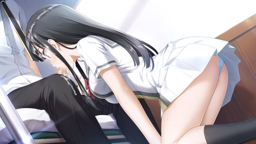 1boy black_legwear black_neckwear black_pants blue_panties bow bowtie breasts censored cum cum_in_mouth cum_on_clothes cum_on_hair dress_shirt facial fellatio female from_side game_cg grey_sailor_collar highres kamisama_no_you_na_kimi_e kantoku kneeling kokuhou_rein leaning_forward medium_breasts miniskirt mosaic_censoring necktie official_art oral panties pants penis plaid plaid_bow plaid_neckwear pleated_skirt red_bow red_neckwear sailor_collar sailor_shirt school_uniform shirt short_sleeves skirt straight underwear white_shirt white_skirt