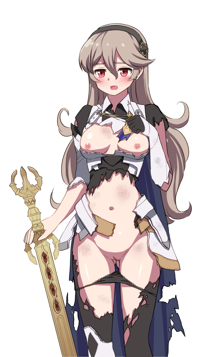 1girls battle_damage black_panties black_sclera blush breasts breasts_out brown_hair cape corrin_(fire_emblem) corrin_(fire_emblem)_(female) female fire_emblem fire_emblem_fates hair_between_eyes headband hiramakenji inner_thighs long_hair medium_breasts nintendo no_bra open_mouth panties panties_down red_eyes solo solo_female sword thighs torn_clothes weapon white_background