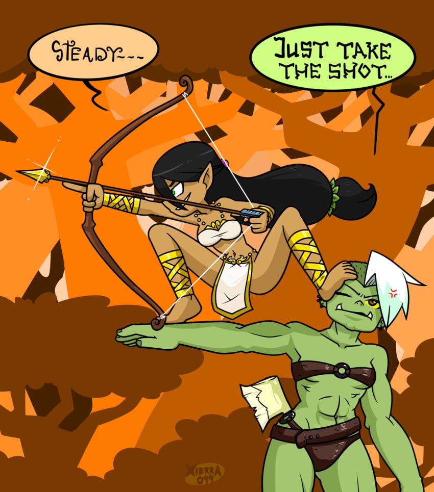 2girls arrow axe bow bow_and_arrow crouching crouching_female dialogue elf_female female green_skin leather_bikini loincloth multiple_girls orc orc_female tan-skinned_female xierra099