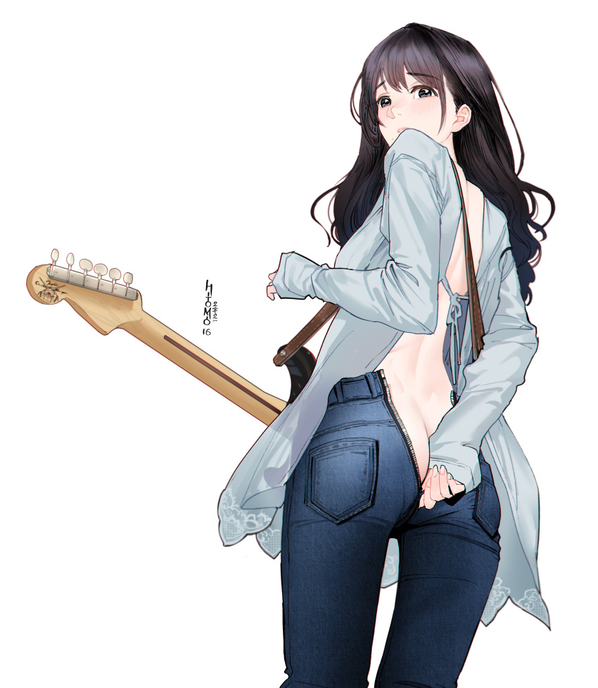 absurdres ass ass_cleavage backless backless_outfit bangs black_eyes black_hair blush butt_crack denim female fender_(brand) fender_stratocaster guitar guitar_little_sister_(hitomi_o) highres hitomi_o instrument jeans long_hair looking_at_viewer no_panties original pants parted_lips sleeves_past_wrists surprised wardrobe_error white_background