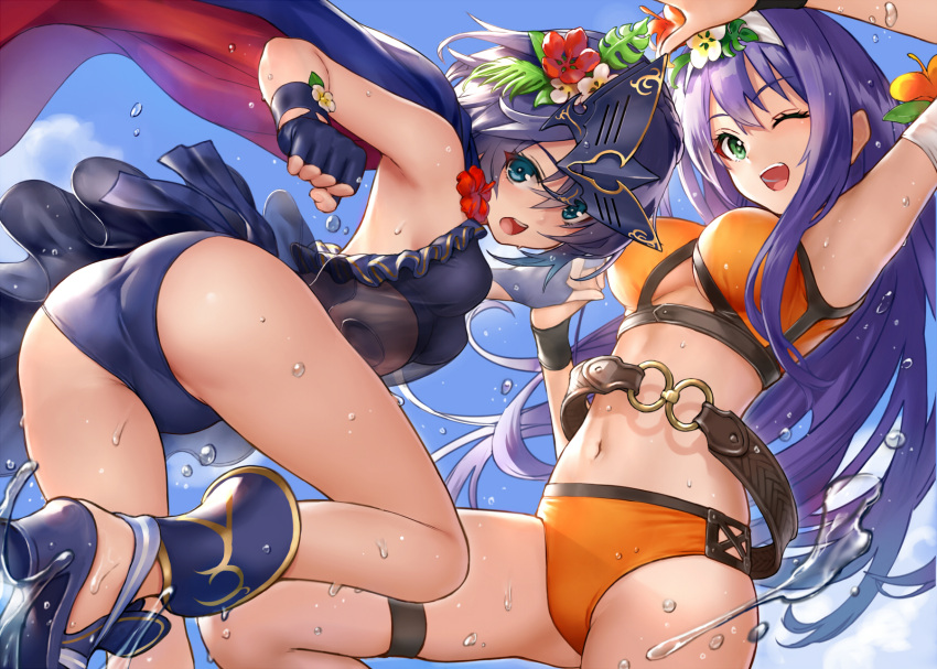 2girls ;d alternate_costume arm_up armpits ass belt big_ass bikini black_bikini black_footwear black_gloves blue_eyes blue_hair blue_sky blush breasts clothing_cutout day fingerless_gloves fire_emblem fire_emblem:_path_of_radiance fire_emblem:_radiant_dawn fire_emblem_awakening fire_emblem_heroes flower gloves green_eyes hair_flower hair_ornament high_heels highres hiyashiru holding_hands interlocked_fingers long_hair looking_at_viewer lucina_(fire_emblem) lucina_(summer)_(fire_emblem) marth_(fire_emblem_awakening) mask mask_on_head medium_breasts mia_(fire_emblem) mia_(summer)_(fire_emblem) multiple_girls navel nintendo one_eye_closed open_mouth orange_bikini outdoors purple_hair red_flower sandals see-through short_hair sky small_breasts smile stomach swimsuit thigh_strap underboob underboob_cutout very_long_hair water white_flower