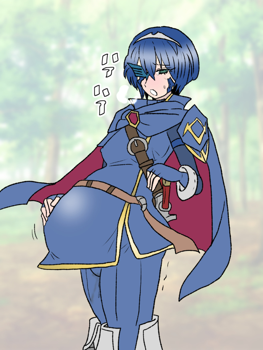 alternate_color alternate_eye_color alternate_hairstyle broken_mask clothed covered_nipples fire_emblem fire_emblem_awakening green_eyes kuroihi_(kuroihitsuji) lucina_(fire_emblem) marth_(fire_emblem_awakening) mask nintendo nipple_bulge pregnant pussy_juice pussy_juice_stain short_hair solo