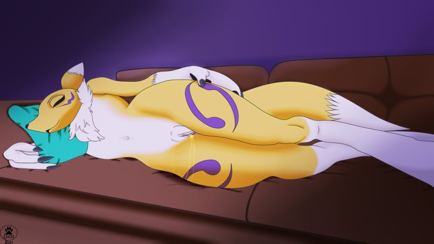 anthro bandai_namco bodily_fluids digimon digimon_(species) digital_media_(artwork) female genital_fluids genitals hi_res leaking lycadio markings nude peeing pussy renamon shaded sleeping solo urine watersports yellow_body