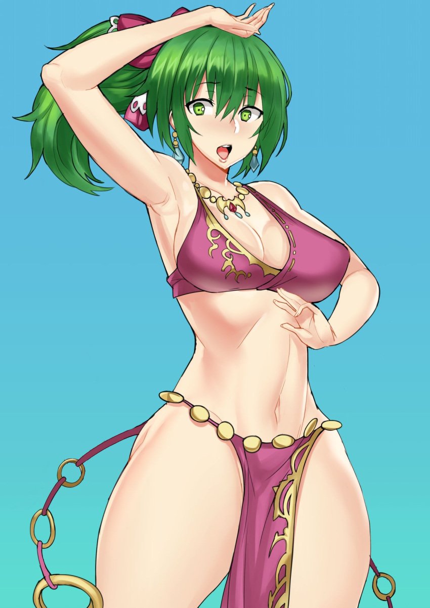 1girls bare_legs bare_shoulders barely_clothed bottomless_loincloth breasts cleavage clothing embarrassed female female_only fire_emblem fire_emblem:_genealogy_of_the_holy_war green_eyes green_hair half_naked highres large_breasts lene_(fire_emblem) loincloth madkaiser nintendo no_bra no_panties no_underwear revealing_clothes solo solo_female standing