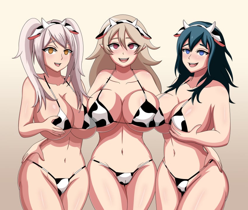 3girls alternate_costume bikini blue_eyes breast_grab breast_lift breast_press brown_eyes brown_hair byleth_(fire_emblem) byleth_(fire_emblem)_(female) corrin_(fire_emblem) corrin_(fire_emblem)_(female) cow_girl cow_print cow_print_bikini empty_eyes fake_animal_ears fake_horns female_only female_protagonist fire_emblem fire_emblem:_three_houses fire_emblem_awakening fire_emblem_fates grabbing_own_breast grey_hair hug huge_breasts hypnosis long_hair looking_at_viewer medium_hair migi_rider mind_control nintendo open_mouth open_smile partially_visible_vulva red_eyes robin_(fire_emblem) robin_(fire_emblem)_(female) smile teal_hair wide_hips year_of_the_ox