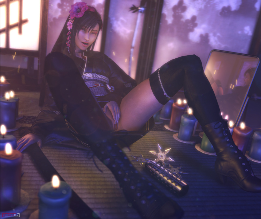 1girls 2021 3d 4k black_hair boots candles clothed clothed_female exposed_pussy female female_focus female_only final_fantasy final_fantasy_vii final_fantasy_vii_remake flower_in_hair heeled_boots katana kimono legs_apart looking_away looking_to_the_side red_eyes rubbing_clitoris scathachalter sex_toy sfm sitting smiling solo solo_female source_filmmaker stockings sword tifa_lockhart watermark winking