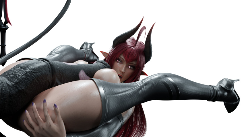 1girls 3d bird3d daemon_girl demon_girl demon_horns demon_tail flexible glowing_eyes high_heels horsecock large_breasts nail_polish open_mouth paizuri pointy_ears purple_nails red_hair simple_background sinia spread_legs succubus