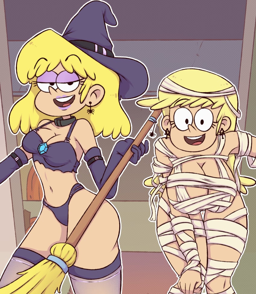 blonde_hair breasts drawsoyeah halloween leni_loud lori_loud masterohyeah mummy mummy_costume mummy_wrappings the_loud_house witch_costume witch_hat