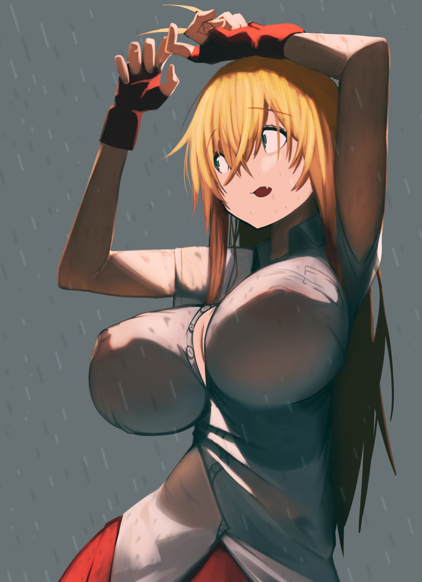 absurdres arms_up blonde_hair breasts cleavage covered_erect_nipples female fingerless_gloves gloves green_eyes highres ikkitousen large_breasts long_hair see-through shin_deadball_iwata short_sleeves skirt solo sonsaku_hakufu uniform wet