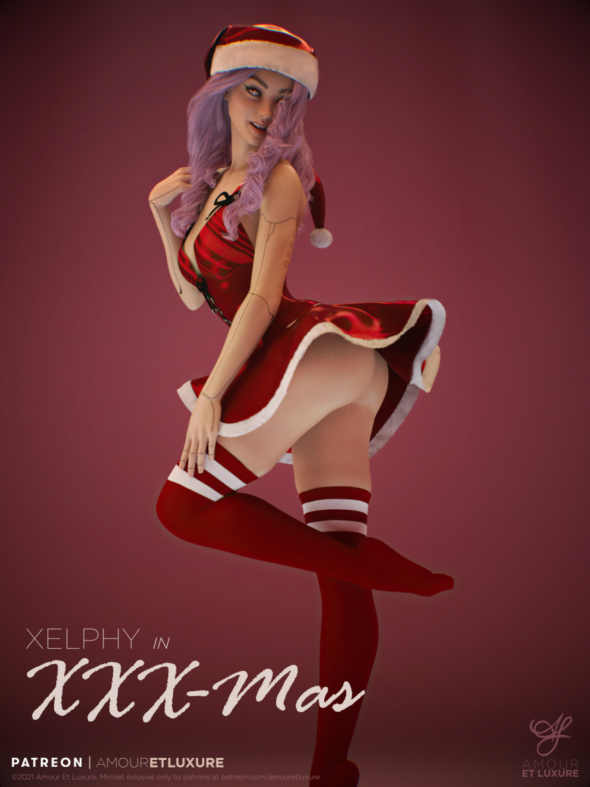 1girls 2021 3d amouretluxure artist_logo artist_name christmas christmas_hat christmas_outfit dress english_text female female_only kneehigh_socks kneehighs long_hair looking_at_viewer medium_breasts original_character pink_background pink_eyes pink_hair promotional_art red_dress red_kneehighs sci-fi science_fiction solid_color_background solo solo_female xelphy_(amouretluxure)