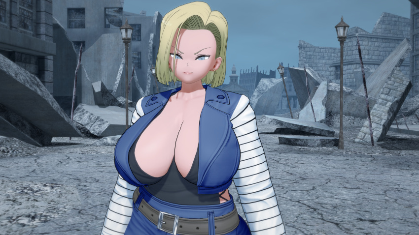 1girls 3d alternate_version_available android_18 blonde_hair blue_eyes cleavage curvy dragon_ball erect_nipples female huge_areolae huge_breasts puffy_nipples short_hair thick_lips voluptuous wily27