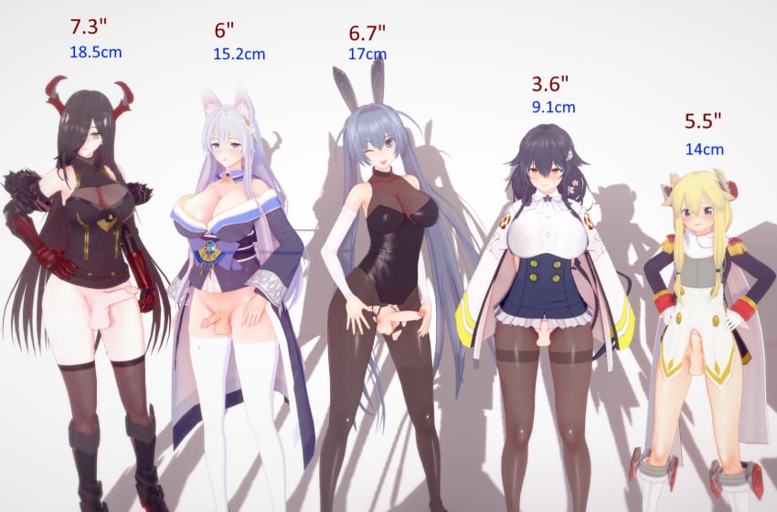 3d 5girls azuma_(azur_lane) azur_lane bangs black_hair blonde_hair blue_hair blush bunny_ears bunnysuit cat_ears embarrassed flat_chest friedrich_der_grosse_(azur_lane) futa_only futanari hair_ornament jacket large_breasts large_penis legwear measurements multiple_penises new_jersey_(azur_lane) partially_clothed penis_size_chart penis_size_comparison penis_size_difference penis_under_skirt ripped_clothing shinano_(azur_lane) shiny_skin shoulder_pads small_penis small_penis_humiliation smile tongue torn_legwear warspite_(azur_lane) white_hair wink