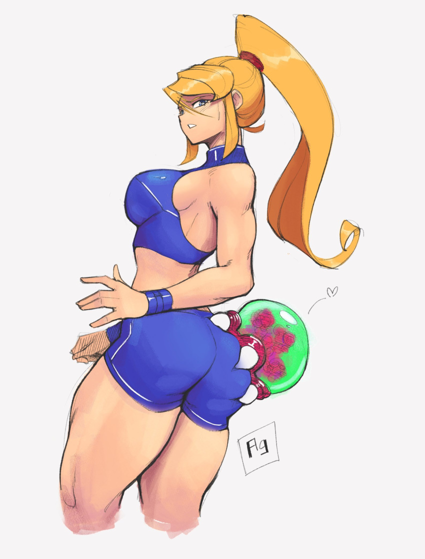 aeyga big_ass big_butt blonde_hair casual_outfit_(metroid) demxxx metroid metroid_(creature) muscular_female nintendo ponytail samus_aran shorts wide_hips zero_suit_samus