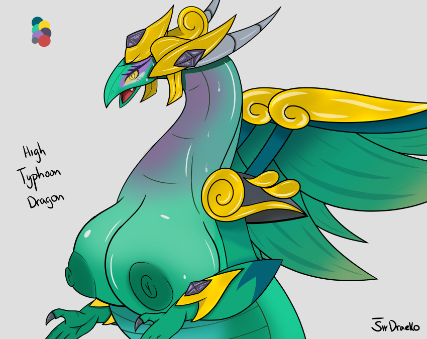 2021 4_fingers anthro areolae armor big_belly big_breasts blush bracelets claws dragon dragon_city eyelashes female female_dragon full_cleavage furry gems green_skin hi_res high_typhoon_dragon horns huge_areolae huge_breasts hyper_breasts long_neck makeup nipples nude nude_female open_mouth reptile_humanoid shoulder_armor signature simple_background sirdraeko social_point solo solo_female sweat sweatdrop text topless uncensored watermark wings yellow_eyes