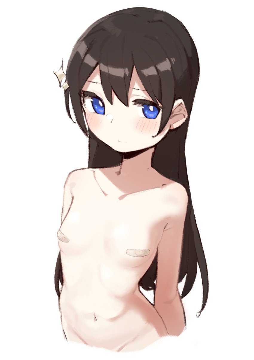 absurdres arms_behind_back bandaid bandaids_on_nipples bangs blue_eyes blush breasts bright_pupils brown_hair closed_mouth collarbone commentary cropped_arms cropped_torso eyebrows_visible_through_hair female goe_(g-o-e) groin hair_between_eyes hair_ornament highres kagura_hikari long_hair looking_at_viewer navel nude pasties shoujo_kageki_revue_starlight simple_background small_breasts solo sparkle_hair_ornament standing stomach upper_body very_long_hair white_background white_pupils