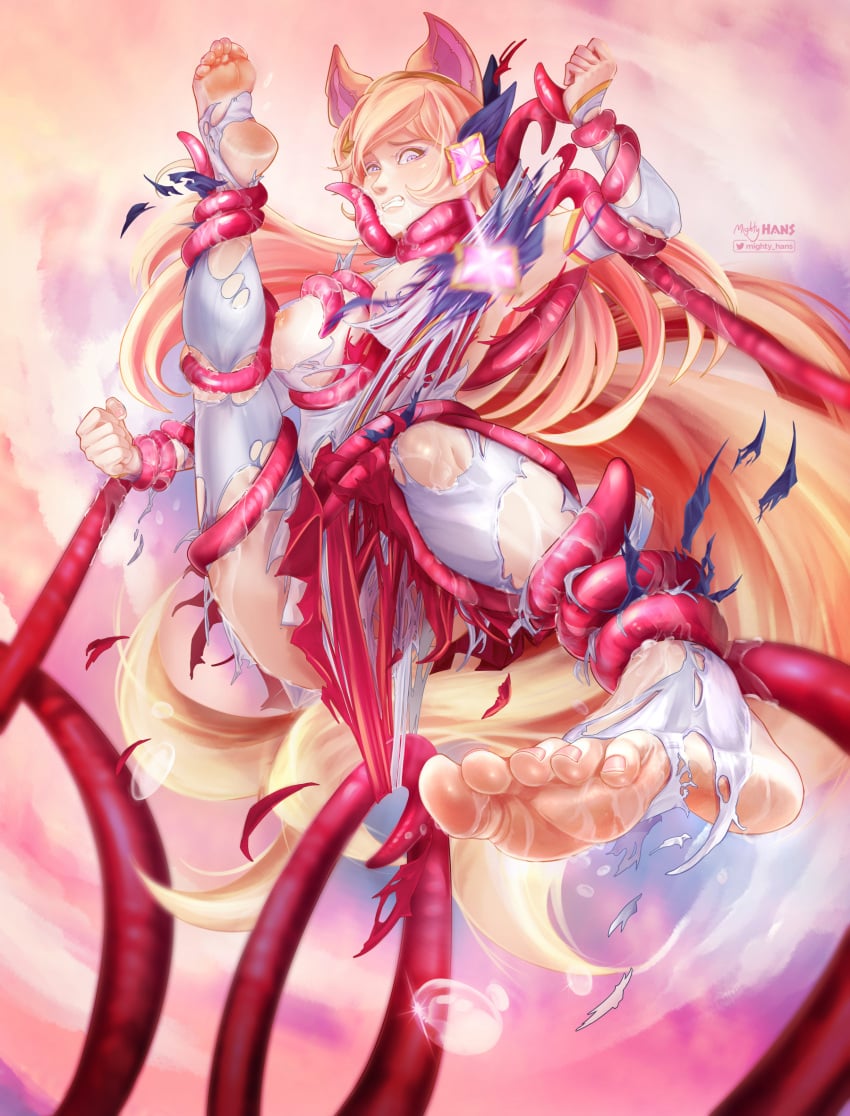 ahri areolae blonde_hair blush breasts feet female female_only foot_fetish fox_ears jewelry league_of_legends long_hair mighty_hans nipples purple_eyes restrained riot_games ripped_clothing soles solo solo_female solo_focus star_guardian_ahri star_guardian_series stirrup_legwear stockings tentacle tentacles