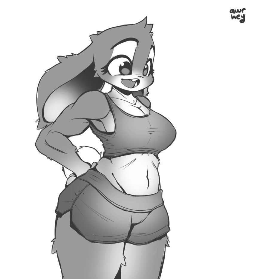abs alternate_costume anthro athletic athletic_female awr_hey big_breasts big_thighs bra breasts bunny clothing disney female furry furry_only grayscale gym_shorts gym_uniform happy huge_thighs judy_hopps large_breasts monochrome muscles muscular muscular_female shorts solo solo_female sports_bra torso workout zootopia