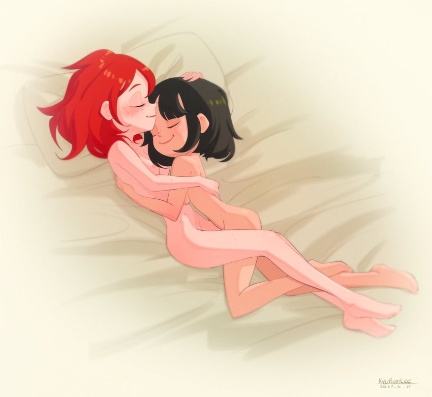 2girls bed black_fur breasts closed_eyes freckles happy hug kyu_bum_lee lying_down lying_on_bed medium_breasts medium_hair multiple_girls naked_footwear nude nude_female olive_(kyubumlee) original original_character pepper_(kyubumlee) red_hair short_hair sleeping small_ass smile smiling yuri