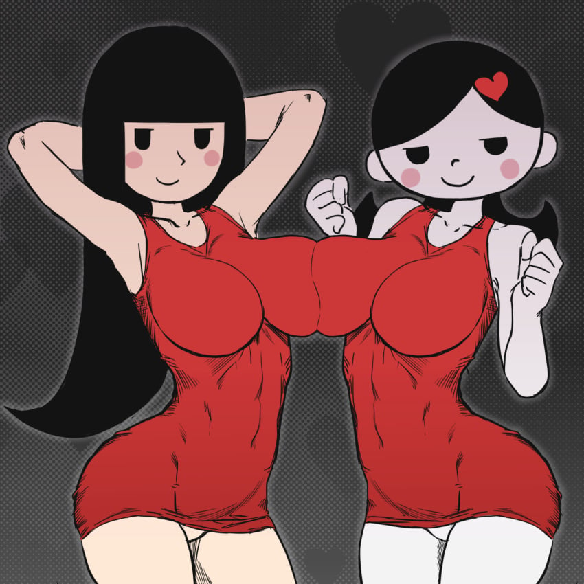 2girls arms_behind_head big_breasts black_hair blush breast_press clothing dress featureless_crotch female female_only girl_(rhythm_heaven_fever) grey_skin hand_behind_head kaxiota long_hair looking_at_viewer mob_face nintendo no_bra no_panties no_underwear red_dress rhythm_heaven rhythm_heaven_fever rhythm_tengoku simple_background simple_eyes simple_face smile tagme tight_clothing white_body white_skin yuka_(rhythm_tengoku)