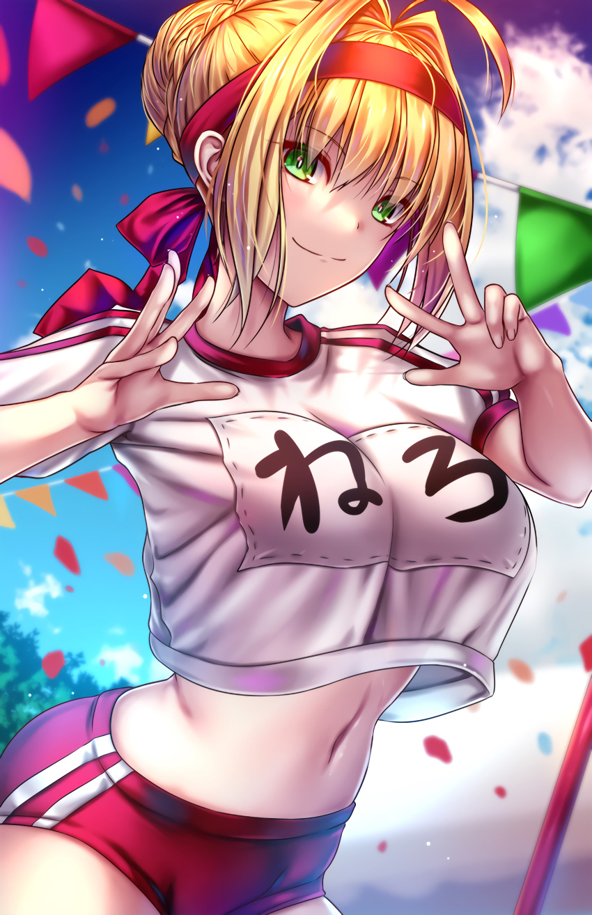 akeyama_kitsune blonde_hair eyebrows_visible_through_hair fate/grand_order fate_(series) green_eyes gym_uniform looking_at_viewer nero_claudius_(fate) nose outdoors red_bandana shirt sky