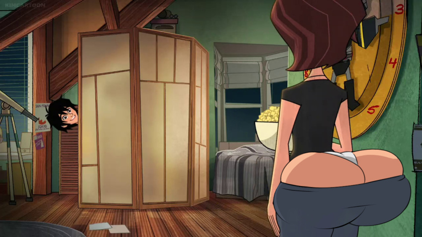 ass ass_built_separately ass_cleavage ass_window aunt big_hero_6 big_hero_6:_the_series black_hair brown_hair butt_crack cass_hamada disney disney_channel female female_focus hiro_hamada hyper_ass large_ass male marvel panties pants popcorn screenshot_edit short_hair smiling telescope theneverwere thighs tight_clothing wardrobe_malfunction