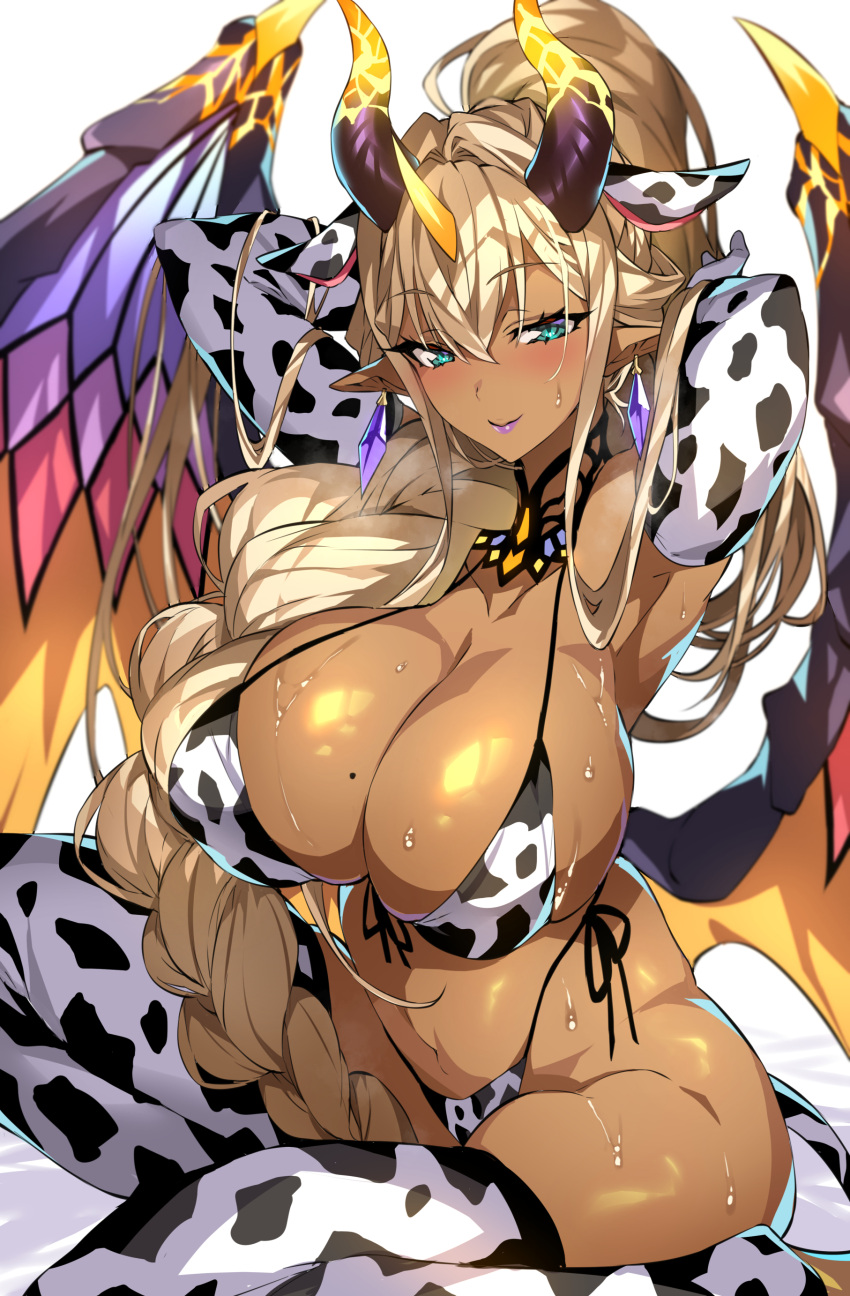 1girls 2021 armpits arms_behind_head arms_up barely_clothed barely_contained beauty_mark bikini blonde_hair blush blushing_at_viewer braid breasts cleavage_cutout cow_ears cow_girl cow_print cow_print_armwear cow_print_bikini cow_print_legwear dark-skinned_female dark_skin demon demon_girl demon_horns demon_wings earrings female female_focus female_only french_braid gan_(shanimuni) gloves hi_res horns huge_breasts lipstick long_braid long_ears long_gloves long_hair looking_at_viewer mole_on_breast naughty_face original original_character pointy_ears purple_lipstick side-tie_bikini sideboob simple_background succubus suggestive_look sweat sweatdrop sweaty_body swimsuit tan tan-skinned_female tanned_skin teal_eyes thick_thighs thighhighs thighs very_long_hair visible_breath white_background wings