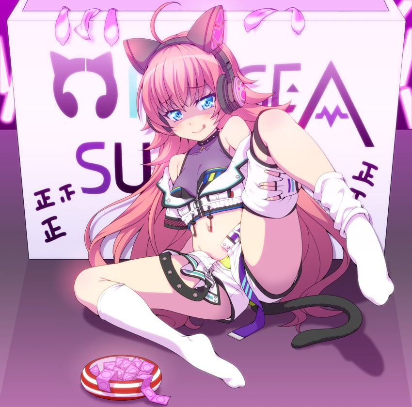 :q absurdres ahoge bang_dream! bangs bare_shoulders black_collar blue_eyes blush bodystocking breasts cage_unlimited cat_ear_headphones cat_tail cleavage collar commentary_request condom covered_collarbone cropped_jacket cum dripping eyebrows_visible_through_hair female full_body glowstick group_name hair_between_eyes headphones highres jacket kneehighs leg_up leg_warmers lifted_by_self long_hair looking_at_viewer midriff navel off_shoulder open_fly panties partially_unzipped red_hair shaded_face shadow short_shorts short_sleeves shorts sidelocks sitting small_breasts smile solo stomach tail tally tamade_chiyu tongue tongue_out underwear used_condom white_jacket white_legwear white_shorts yellow_panties