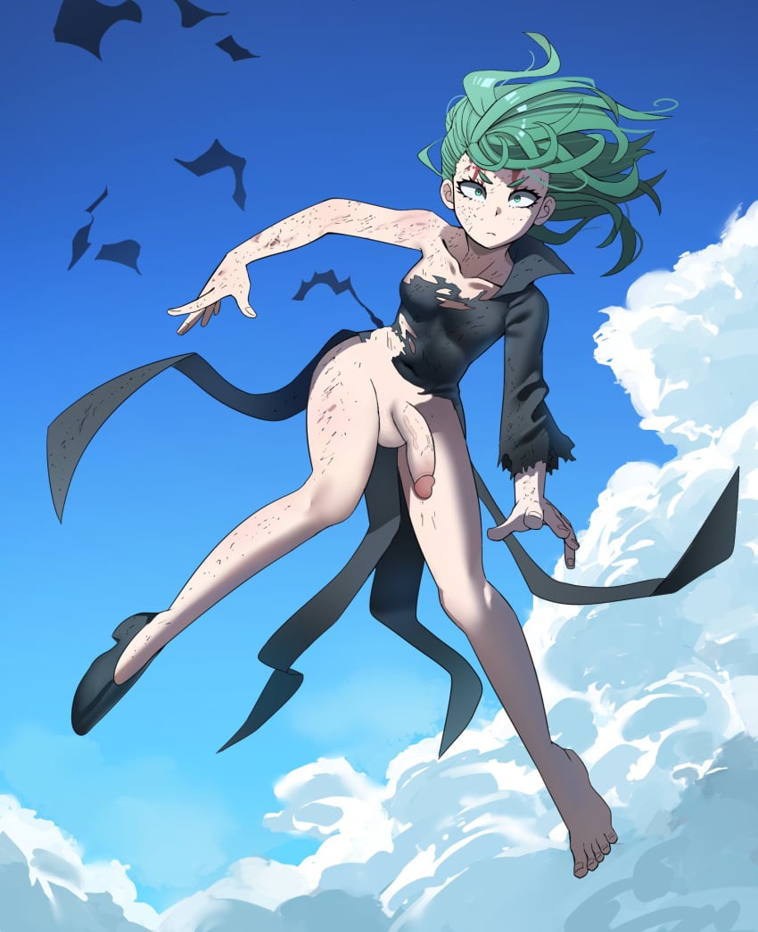 1puuuuuu barefoot clouds damaged damaged_clothes damaged_clothing edit feet flight flying futa_only futanari green_hair jourd4n one-punch_man scratch_marks scratches shocked_eyes sky surprised tagme tatsumaki testicles toes