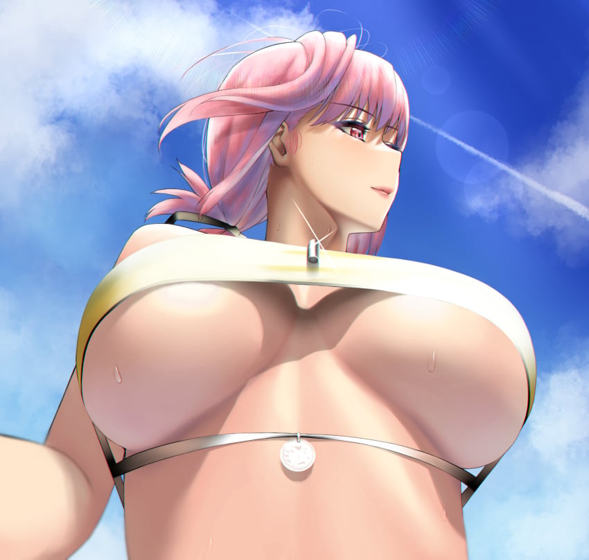 1girls bangs big_breasts bikini braid braided_ponytail breasts chaldea_lifesavers cloud cloudy_sky day eyebrows_visible_through_hair fate/grand_order fate_(series) female female_only florence_nightingale_(chaldea_lifesavers)_(fate) florence_nightingale_(fate) from_below highres huge_breasts karakari large_breasts lips long_hair looking_to_the_side pink_hair red_eyes sky smile solo solo_female sparkle swimsuit underboob wet yellow_bikini