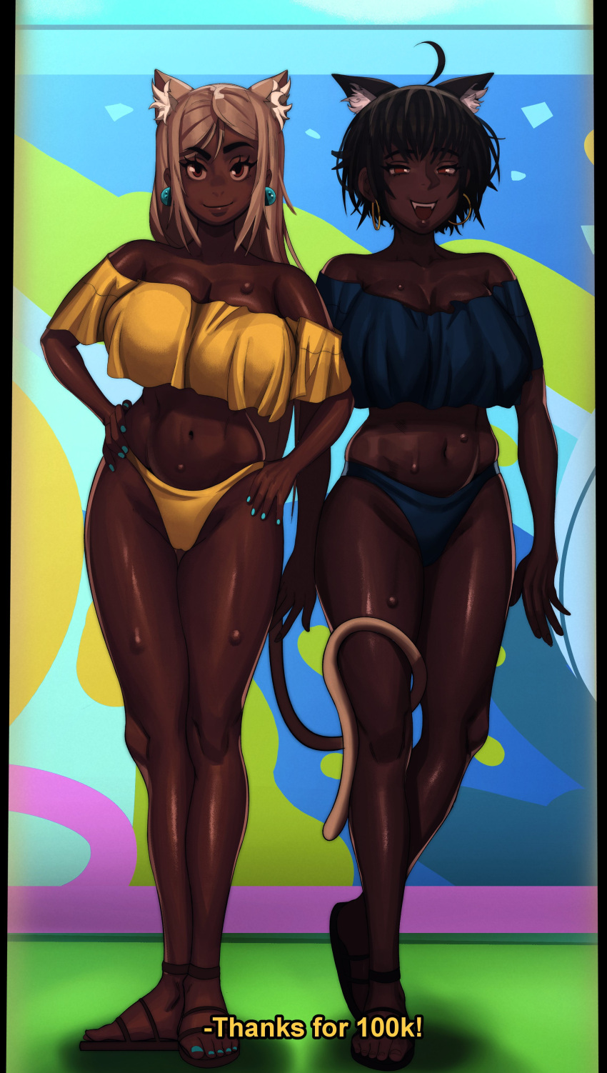 2girls absurdres ahoge ahoge_catgirl_(kevbot) big_breasts black_hair breasts brown-haired_catgirl_(kevbot) catgirl cleavage dark-skinned_female dark_skin earrings female female_only highres hoop_earrings kevbot large_breasts long_tail mature_female milf mother_and_daughter multiple_girls original smile sweat tail thick_thighs very_dark_skin wide_hips