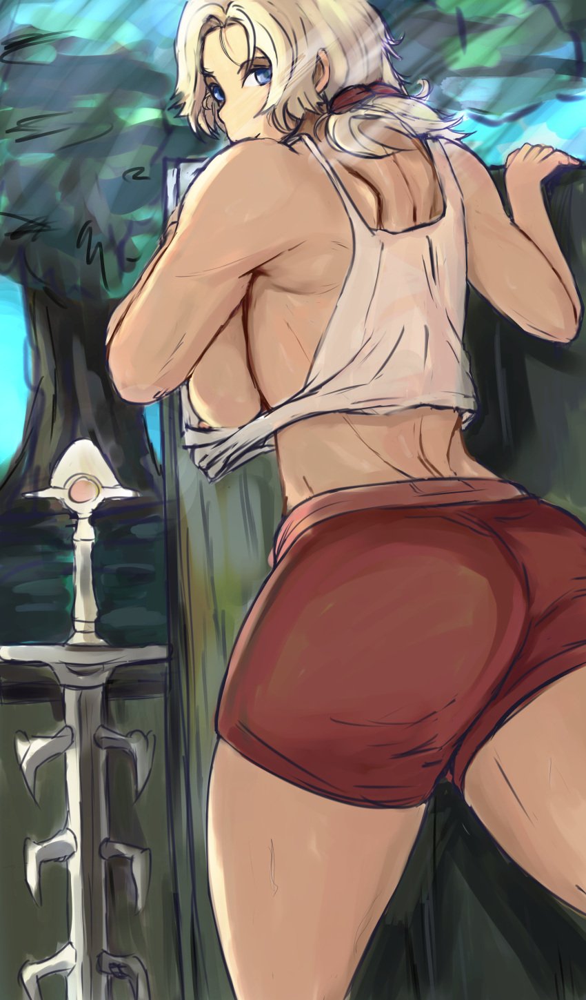 1girls alternate_costume backboob blonde_hair blue_eyes breasts catherine_(fire_emblem) colored_sketch exposed_breasts female female_only fire_emblem fire_emblem:_three_houses looking_back nintendo nipple outdoors outside partially_nude shirt shorts sketch sleesart sleeswaifus solo tan_skin thunderbrand_(fire_emblem)