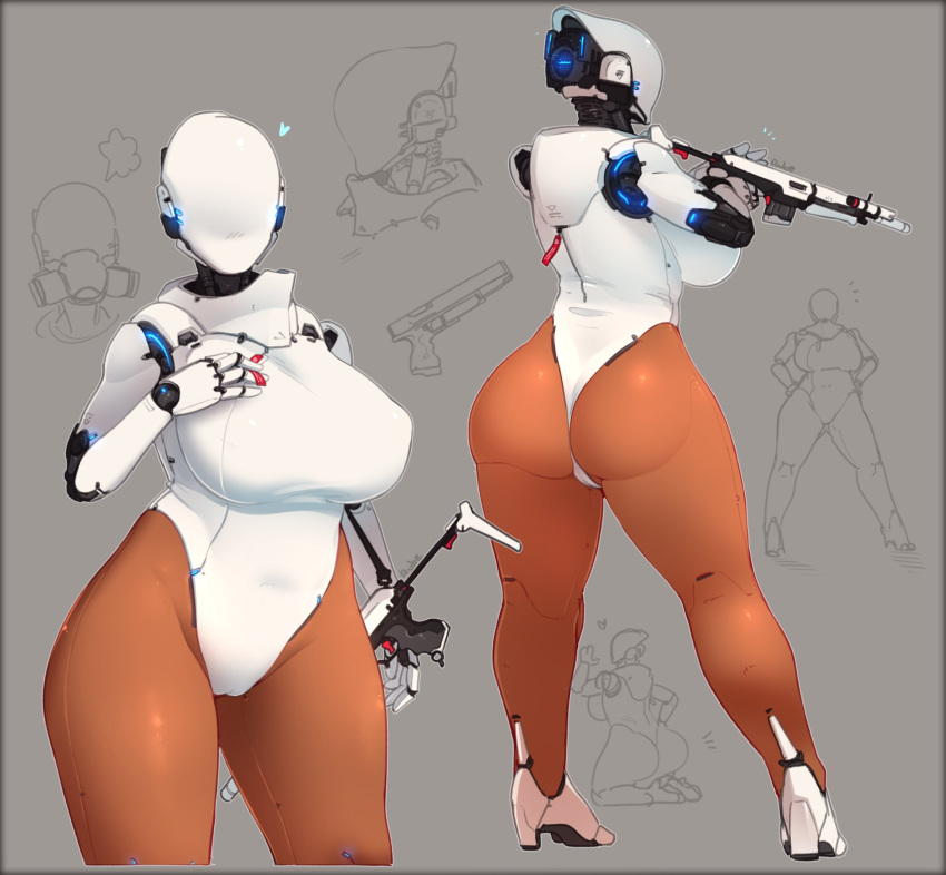 1girls ass big_breasts blush cameltoe character_sheet curvy_figure faceless faceless_female female female_only grey_background haydee haydee_(game) heart heels hi_res humanoid justrube no_eyes no_mouth no_nose rifle robot robot_girl rube sketch_background solo solo_female thick_thighs weapon