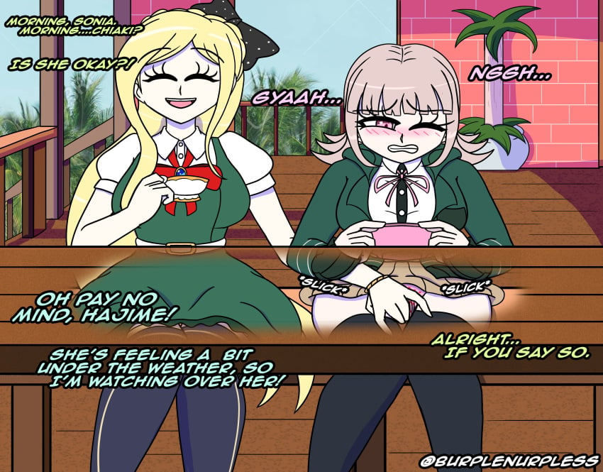 2girls blonde_hair blue_eyes burplenurpless danganronpa danganronpa_2:_goodbye_despair dialogue drinking_tea embarrassed english_text female fingering fingering_partner fingering_pussy fingering_under_table hinata_hajime imminent_orgasm long_hair multiple_girls nanami_chiaki panties pink_eyes pink_hair short_hair sonia_nevermind speech_bubble stealth_sex straight_hair tea_cup text underwear yuri