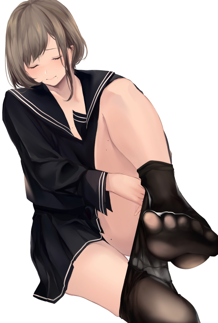 absurdres akito_(d30n26) black_legwear black_serafuku blush brown_hair closed_eyes clothes_pull commentary_request feet female highres leg_up light_blush long_sleeves mole mole_on_thigh mole_under_mouth no_shoes original pantyhose pantyhose_pull pleated_skirt school_uniform serafuku short_hair simple_background skirt solo white_background